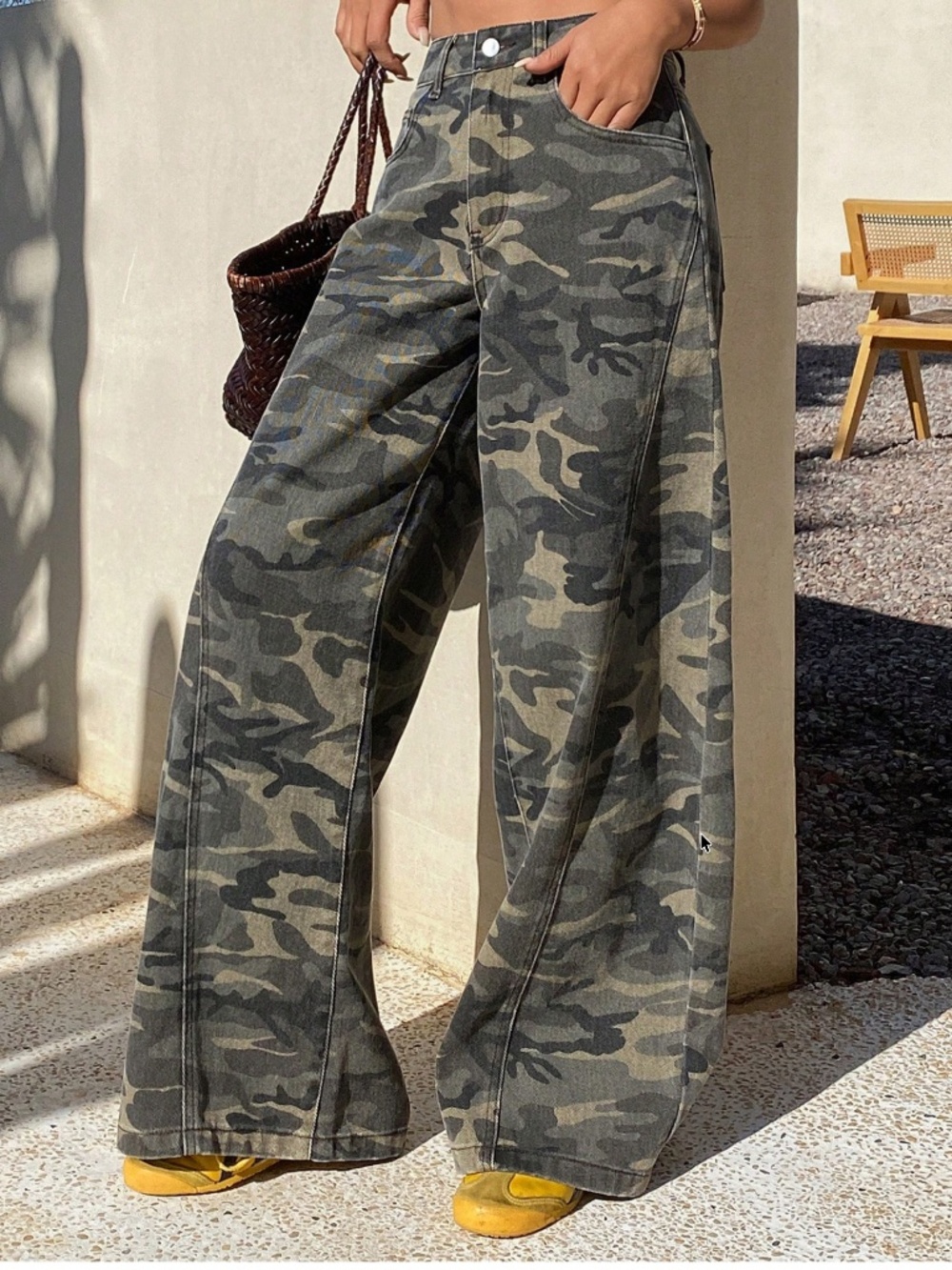 Camo Print Cotton Mid Waist Wide Leg Jeans Pants